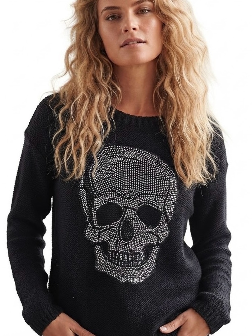 Elan Black Crewneck Sweater with Rhinestone Skull
